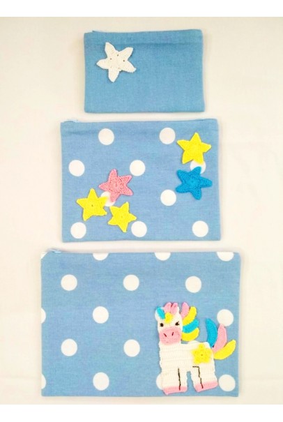 Happy Threads Cotton Storage Pouch with Hand Made Crochet Unicorn & Stars (Dark Blue) Comes in Set of 3